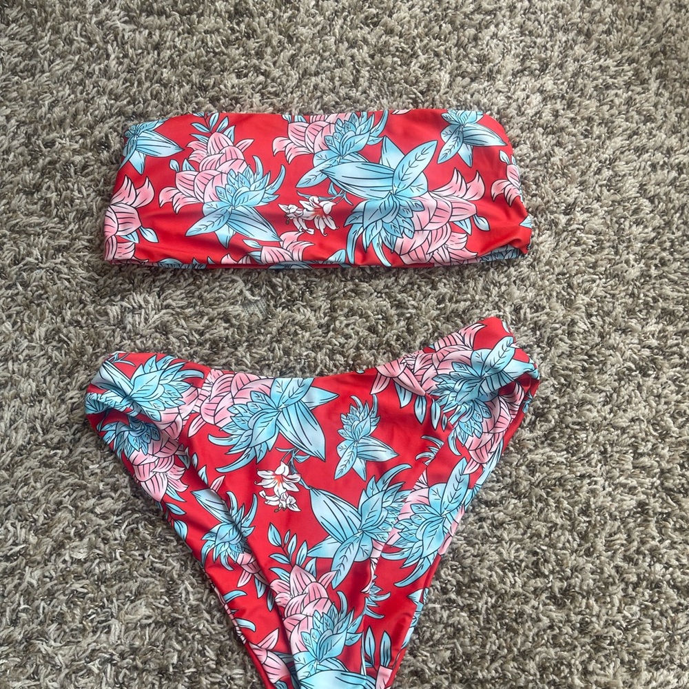 Zaful Red and Blue Floral Bikini Swim Set